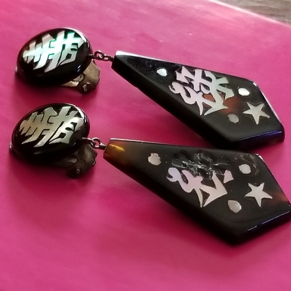 Relisted -vintage Chinese inlay clip earrings tortoiseshell - Picture 9 of 12